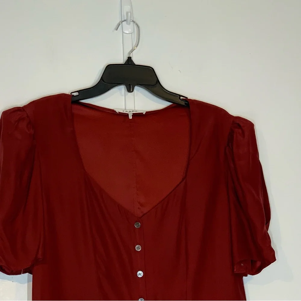 Frame Denim Red V-Neck Puff Sleeve Button Front Blouse - Picture 6 of 14